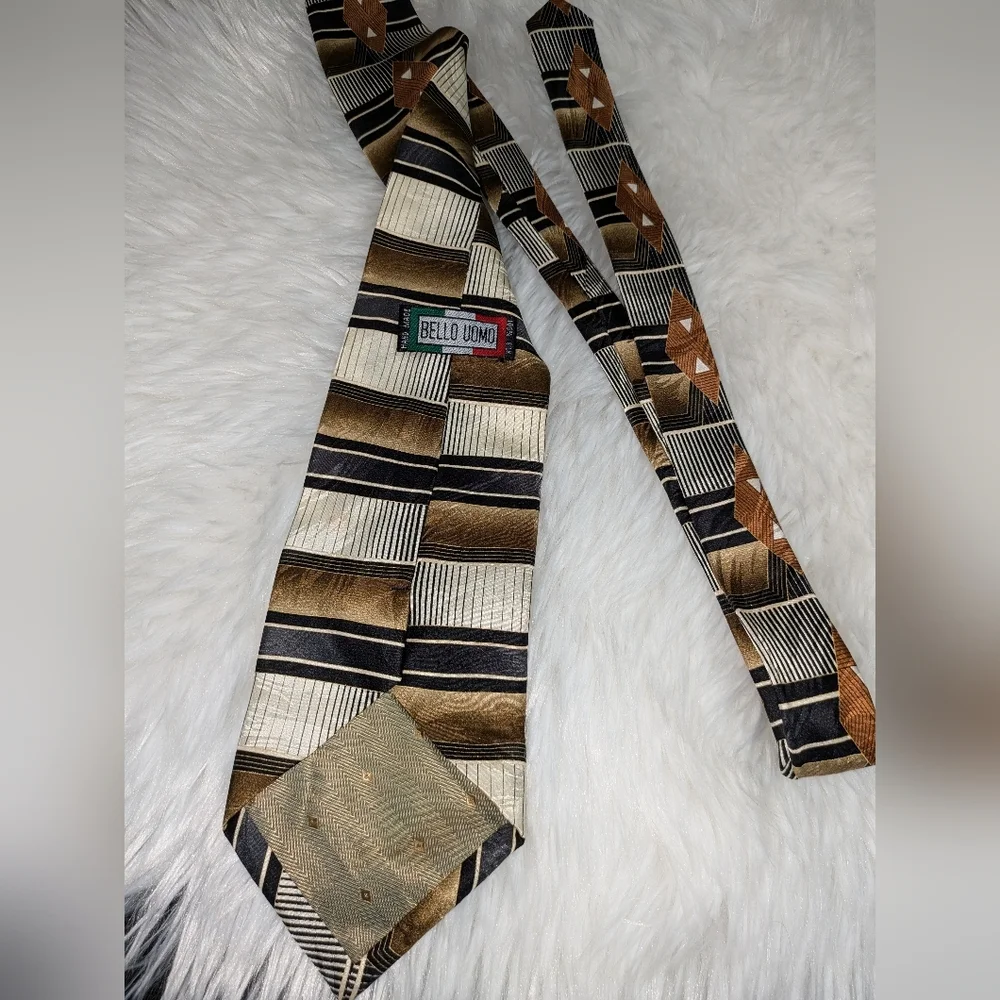 Bello Uomo Vintage Men's Brown & Tan Silk Tie. EUC OS